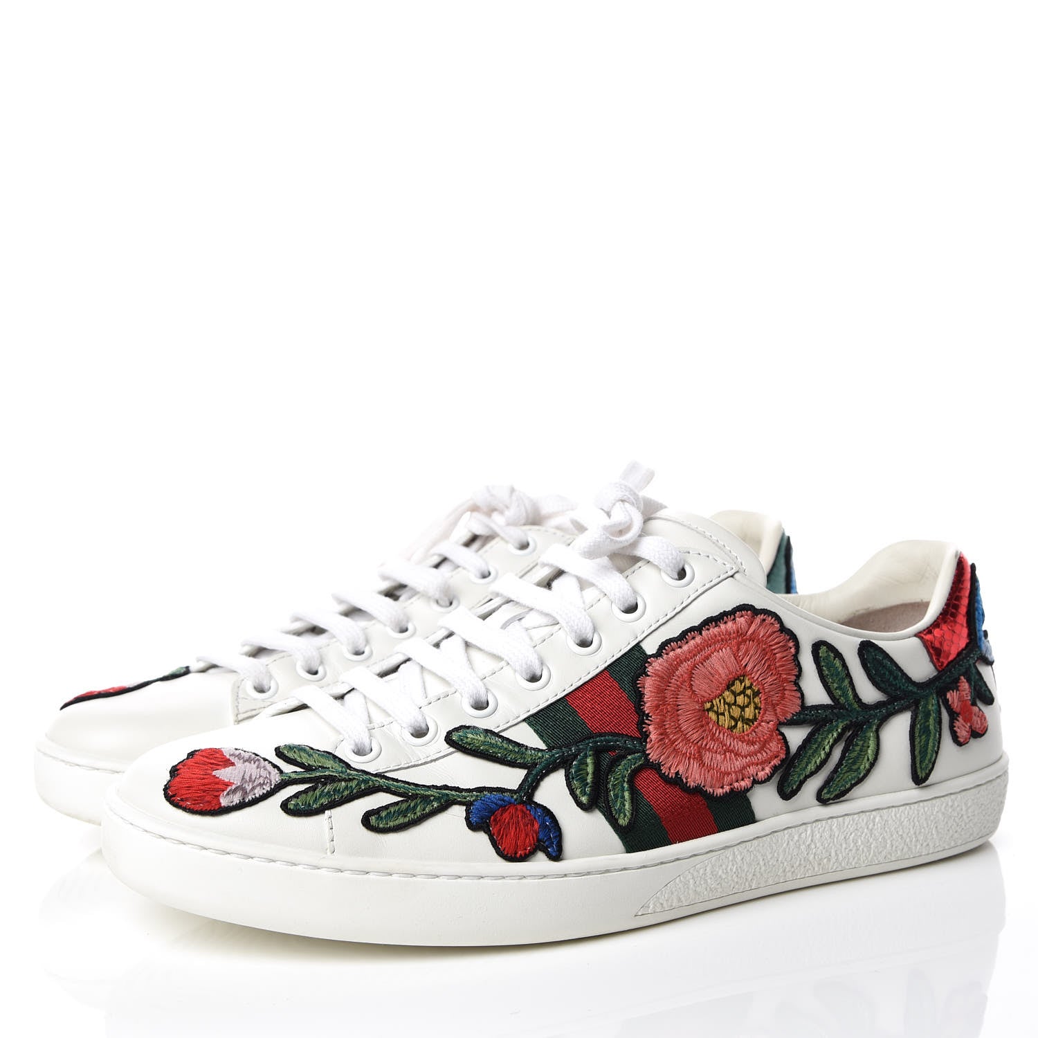 Gucci Calfskin Web Floral Embroidered Ace Sneakers 39 White 3 of 10