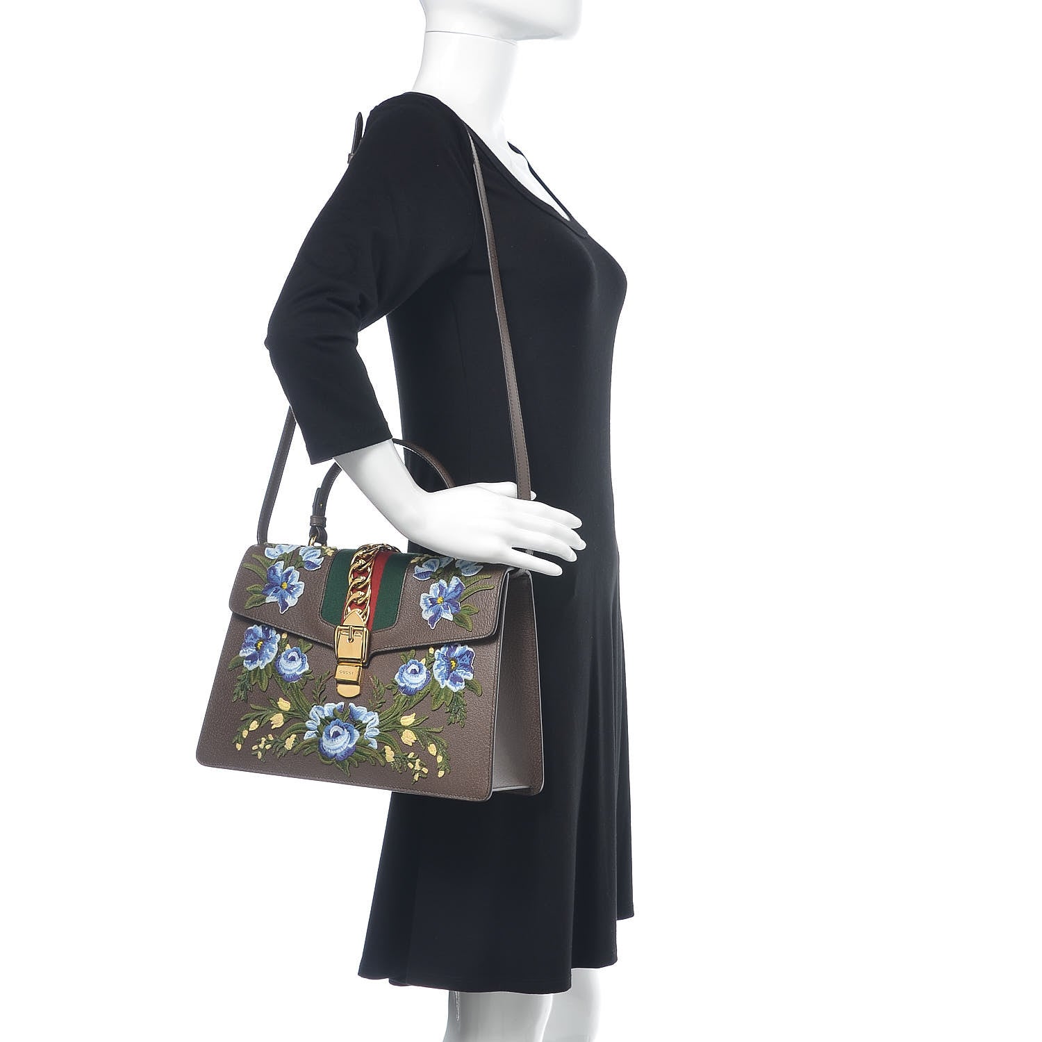 Gucci Calfskin Embroidered Medium Sylvie Top Handle Bag New Acero Multicolor 2 of 9