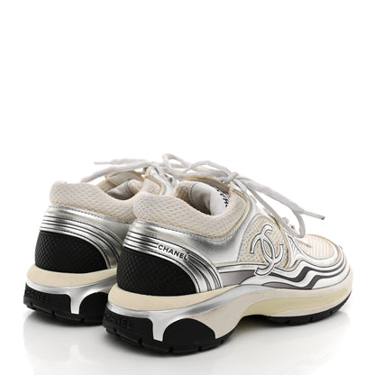 Chanel Fabric Laminated Calfskin Stretch CC Sneakers 36.5 White Silver 5 of 10