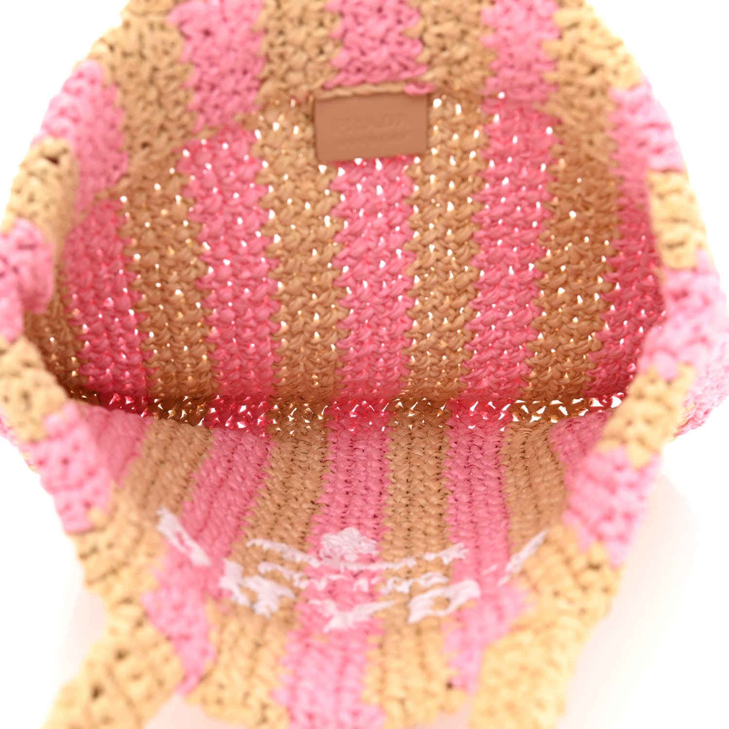 Prada Yarn Raffia Effect Crochet Striped Small Logo Tote Naturale Petalo 5 of 11