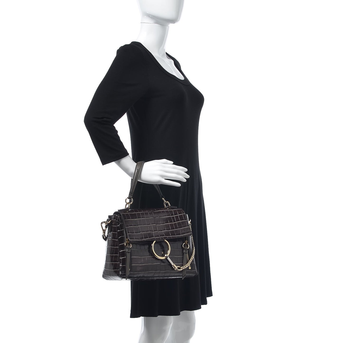 Calfskin Crocodile Embossed Small Faye Day Shoulder Bag Profound Brown