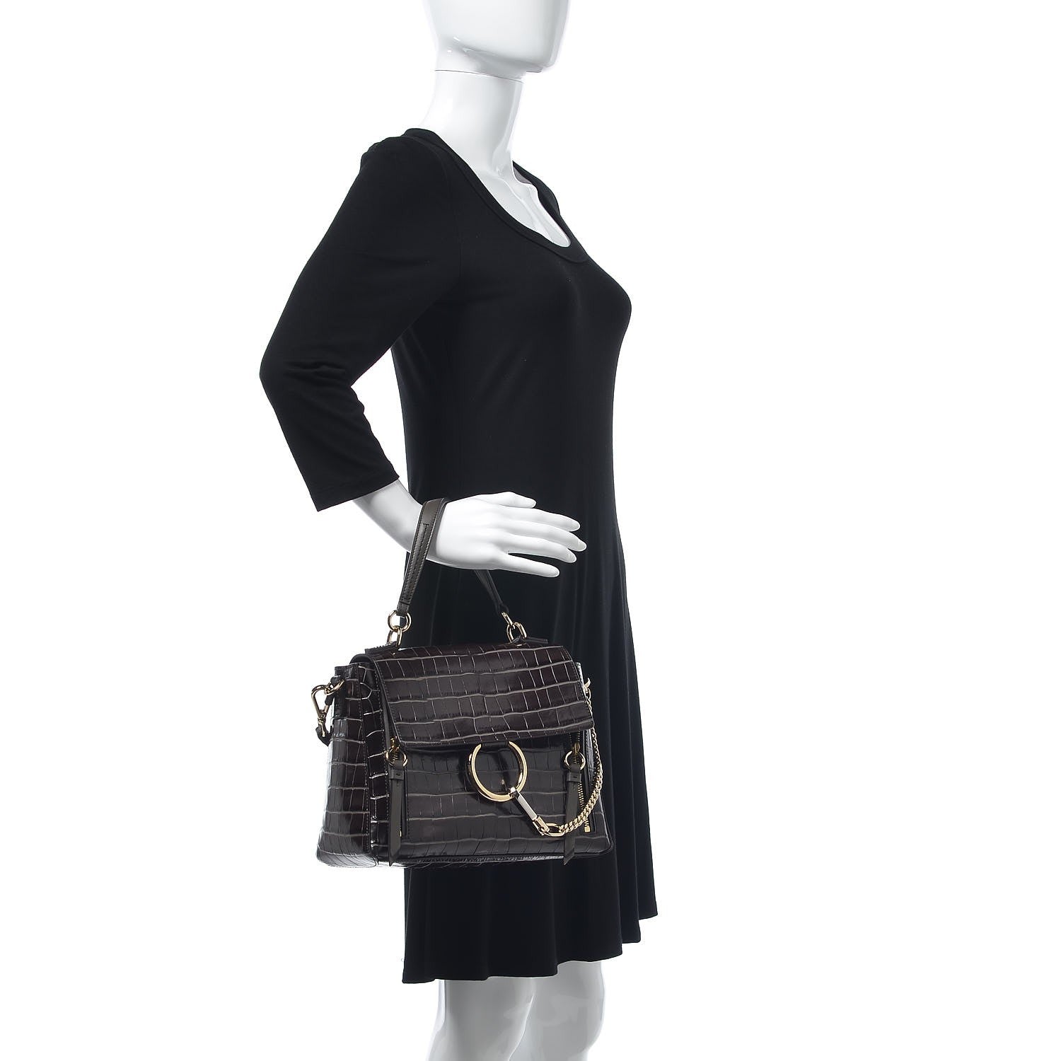 Chloe Calfskin Crocodile Embossed Small Faye Day Shoulder Bag Profound Brown 2 of 7