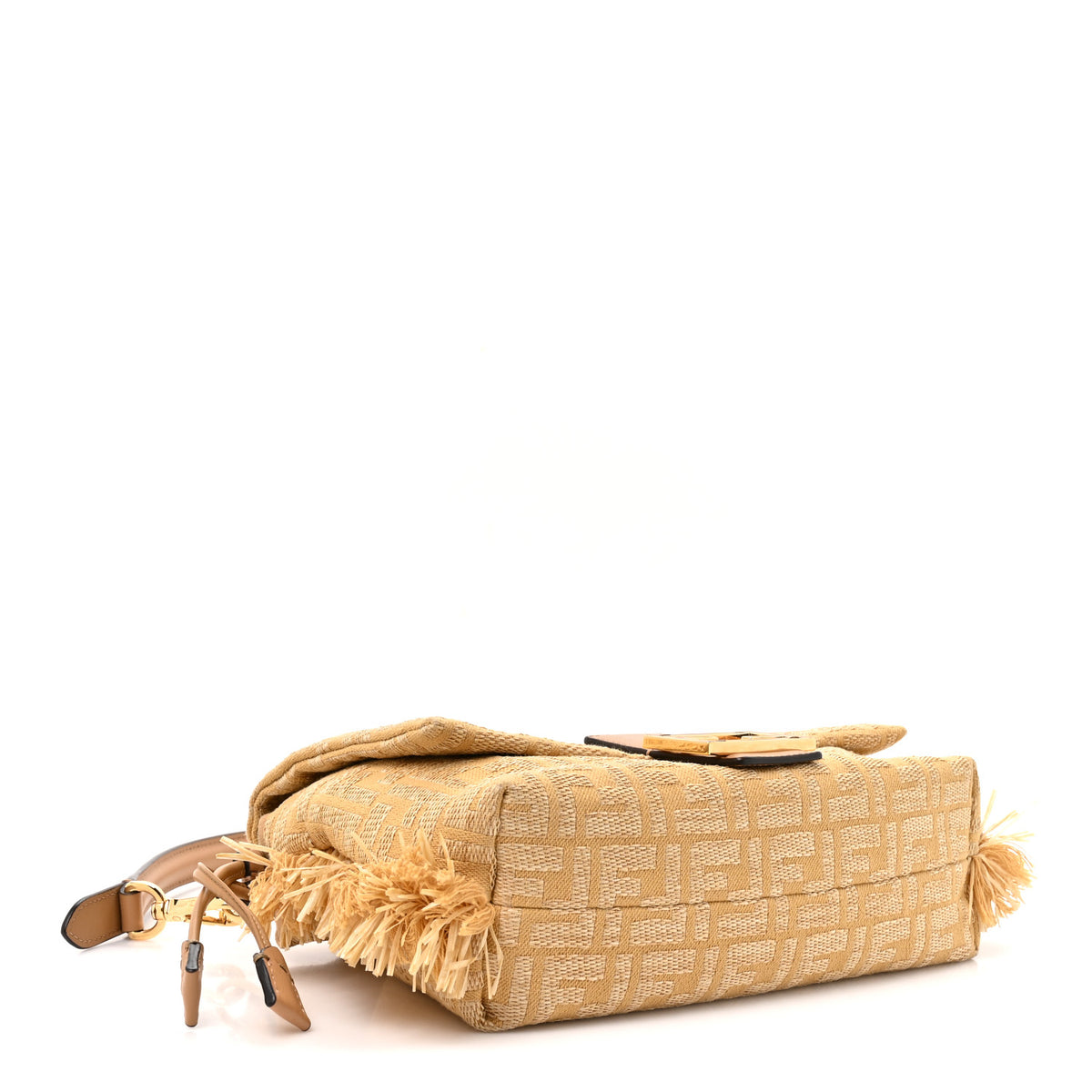 Fendi Fabric Jacquard Raffia Straw Fringe Medium Mamma Baguette Beige 3 of 9