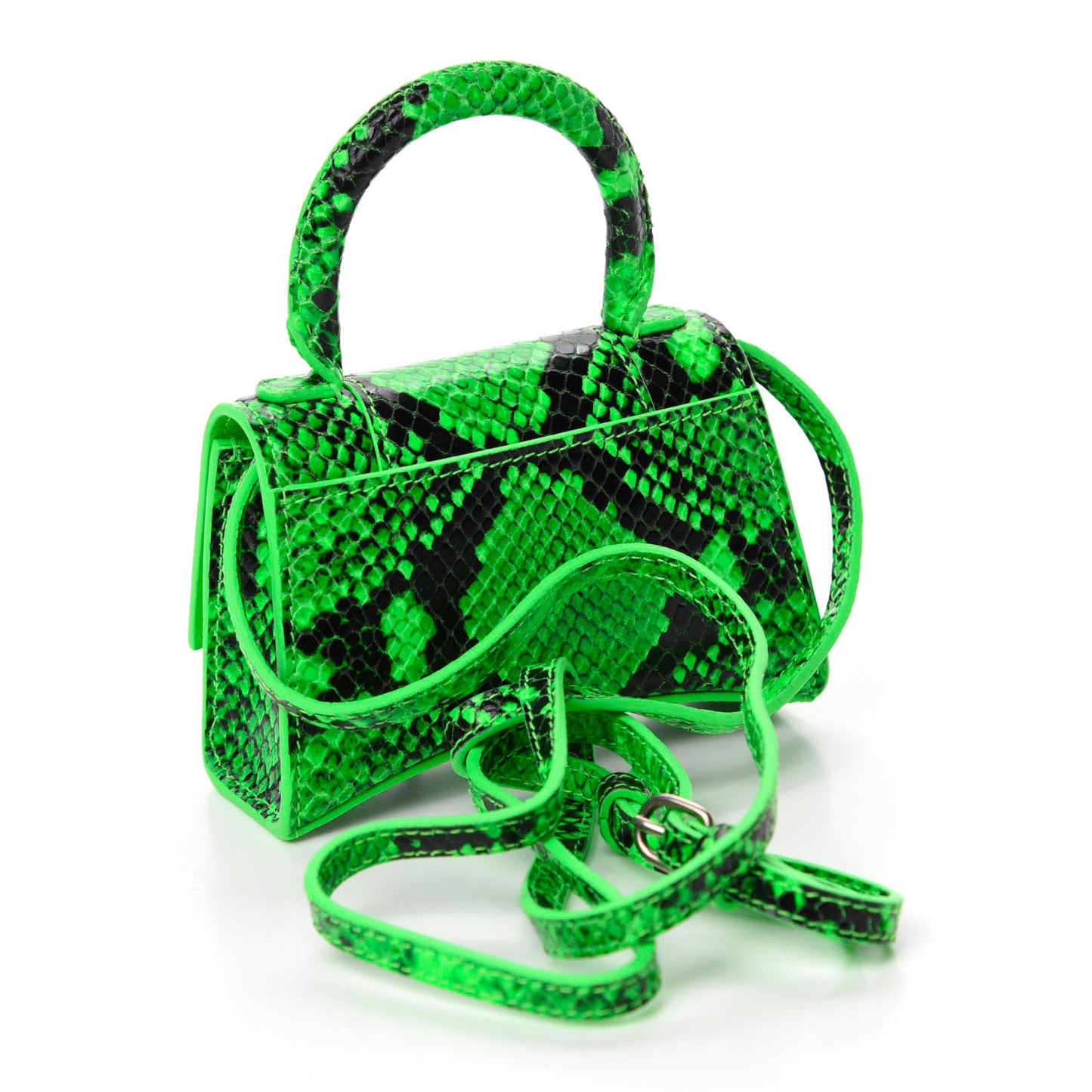 Shiny Calfskin Python Effect Hourglass Top Handle Bag Mini Fluo Green Black