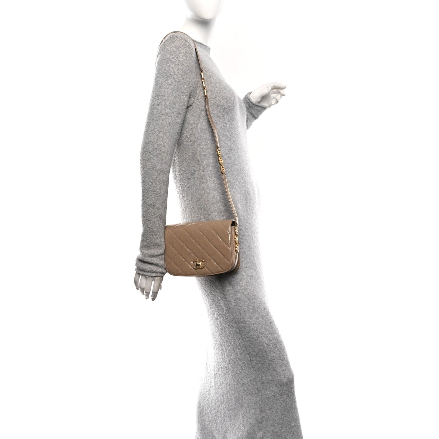 Shiny Calfskin Quilted Suede Goatskin Mini Messenger Beige