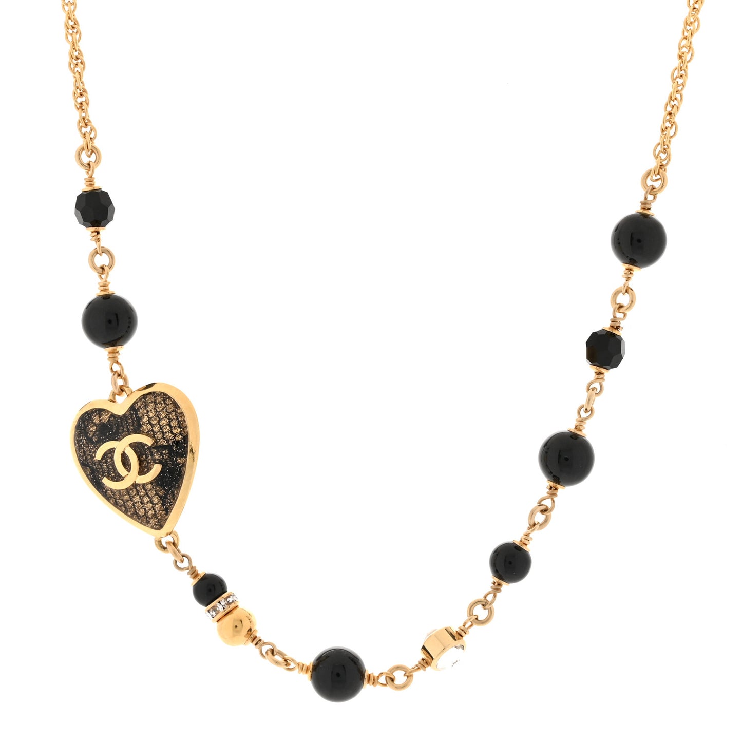 Metal Lace Resin Glass Pearls Strass CC Heart Choker Necklace Gold Black