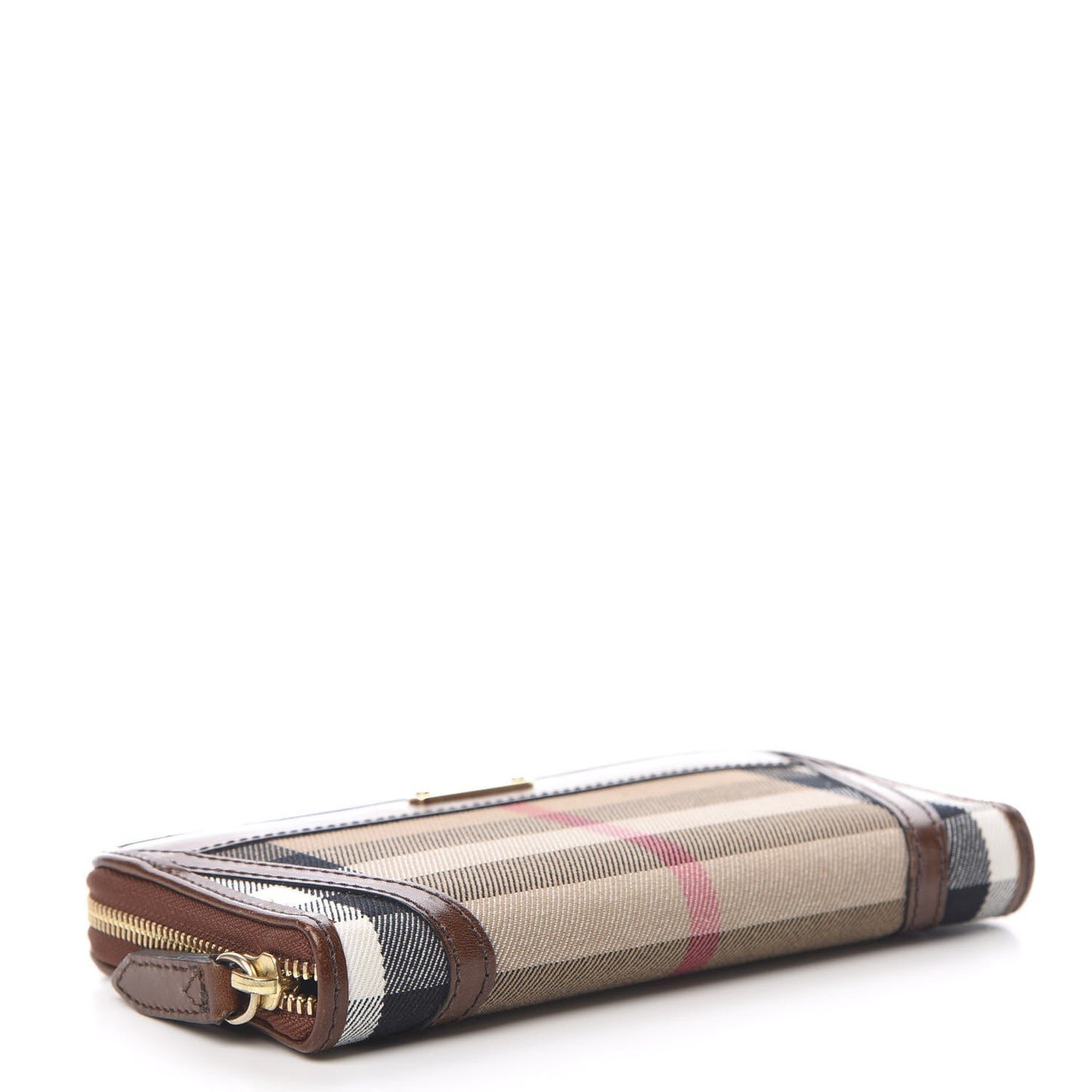 House Check Bridle Calfskin Ziggy Zip Around Wallet Dark Tan