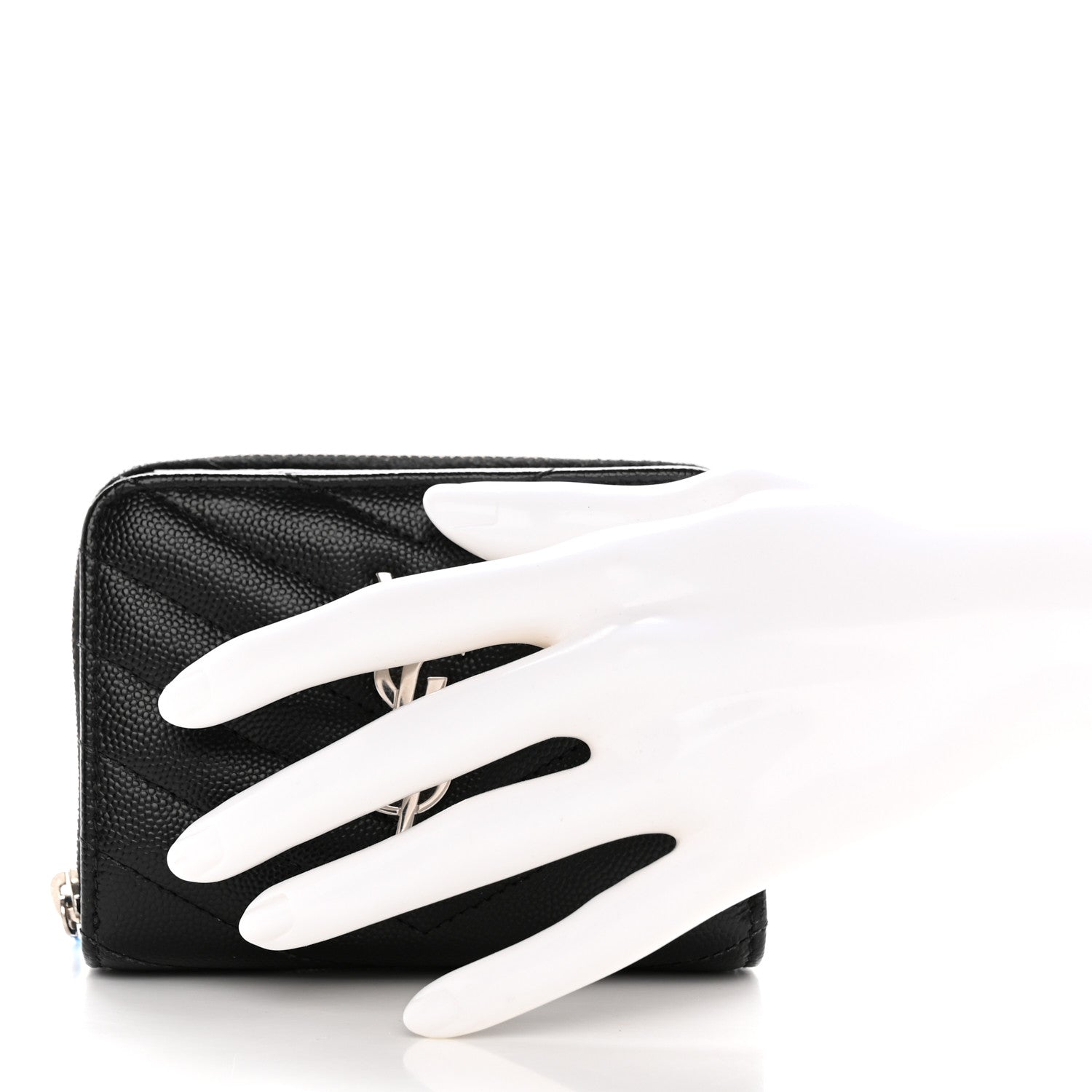 Saint Laurent Grain De Poudre Matelasse Chevron Monogram Compact Zip Around Wallet Black 2 of 11