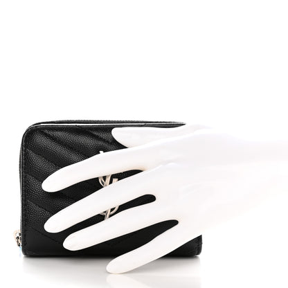 Saint Laurent Grain De Poudre Matelasse Chevron Monogram Compact Zip Around Wallet Black 2 of 11