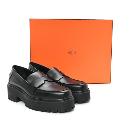 Hermes Glazed Calfskin Womens Hitch Loafers 38 Black 9 of 9