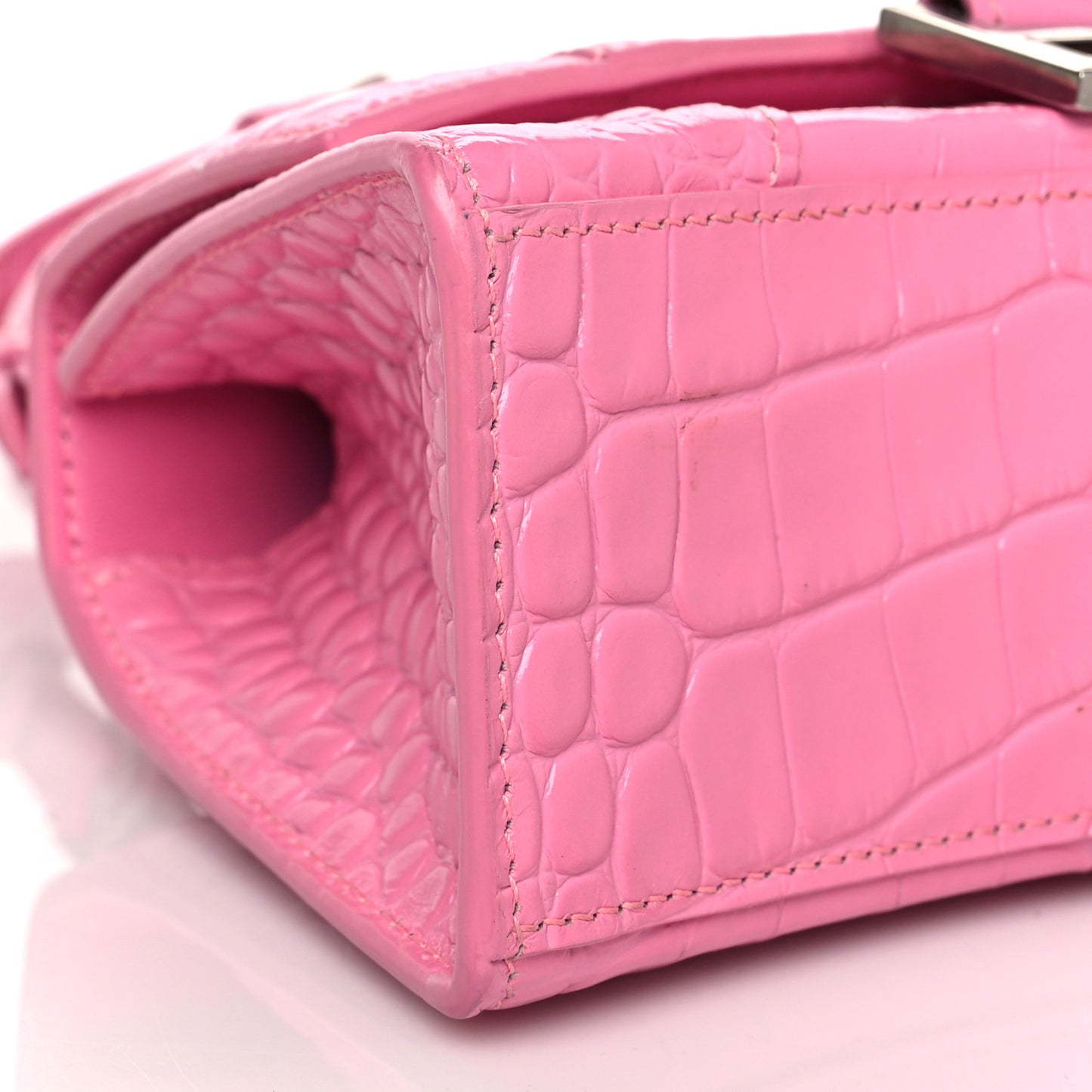 Shiny Calfskin Crocodile Embossed Hourglass Top Handle Bag XS Baby Pink