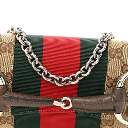 Gucci Monogram Textured Dollar Calfskin Heavy Grosgrain Web Small Maxi Horsebit Chain Shoulder Bag Beige Ebony New Acero 8 of 10