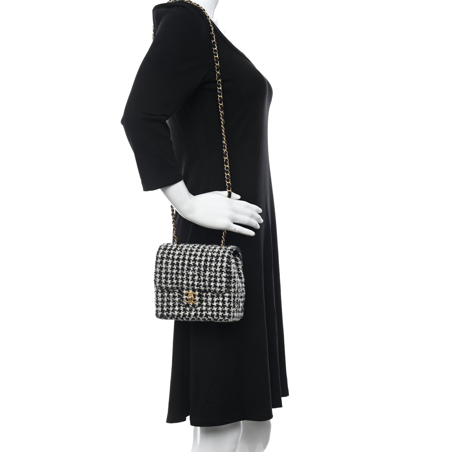Tweed Houndstooth Quilted Mini Square Flap White Black