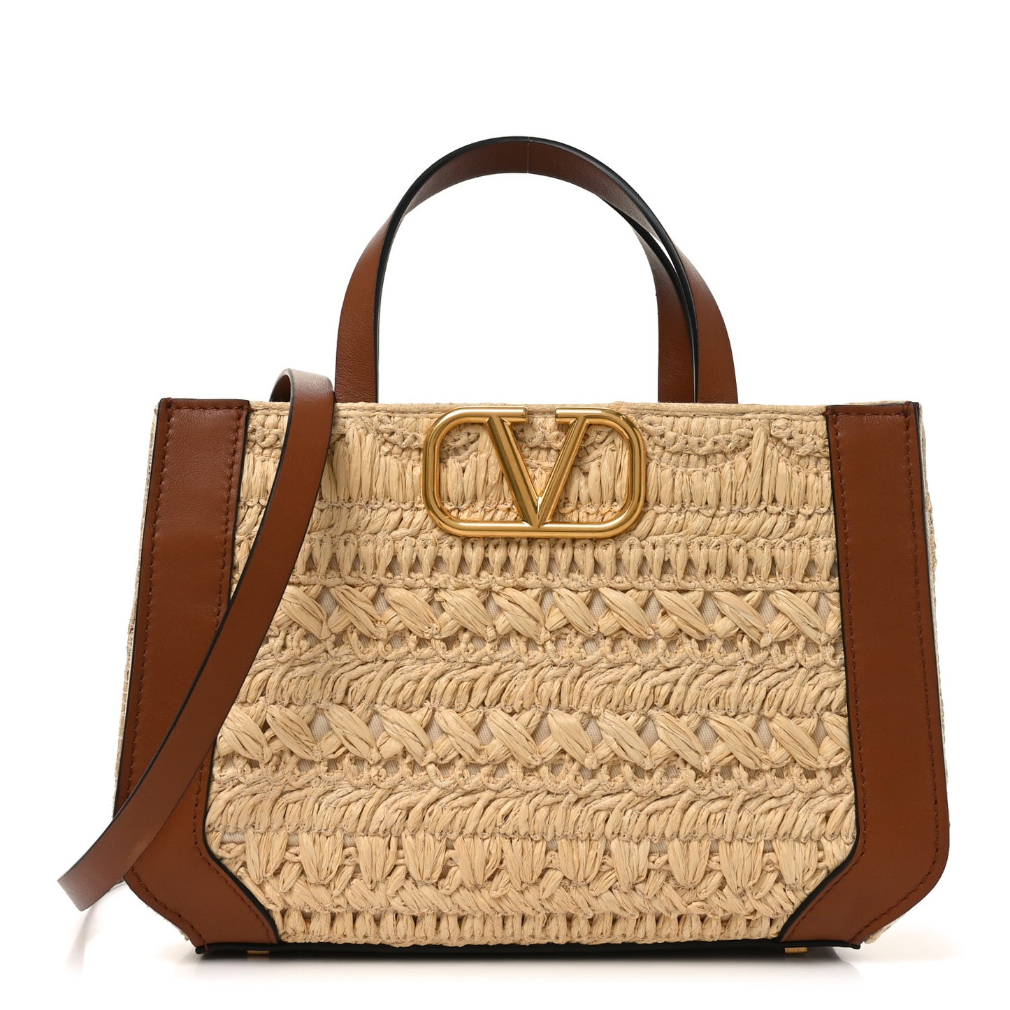 Raffia Calfskin Small Vlogo Signature Tote Natural Saddle Brown