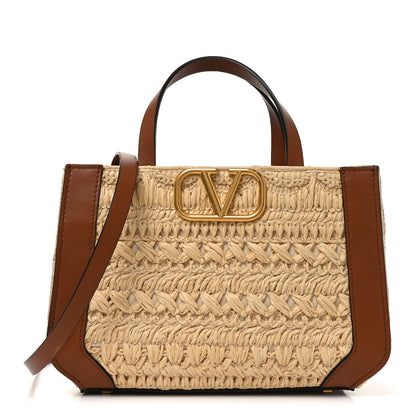 Valentino Garavani Raffia Calfskin Small Vlogo Signature Tote Natural Saddle Brown 1 of 9