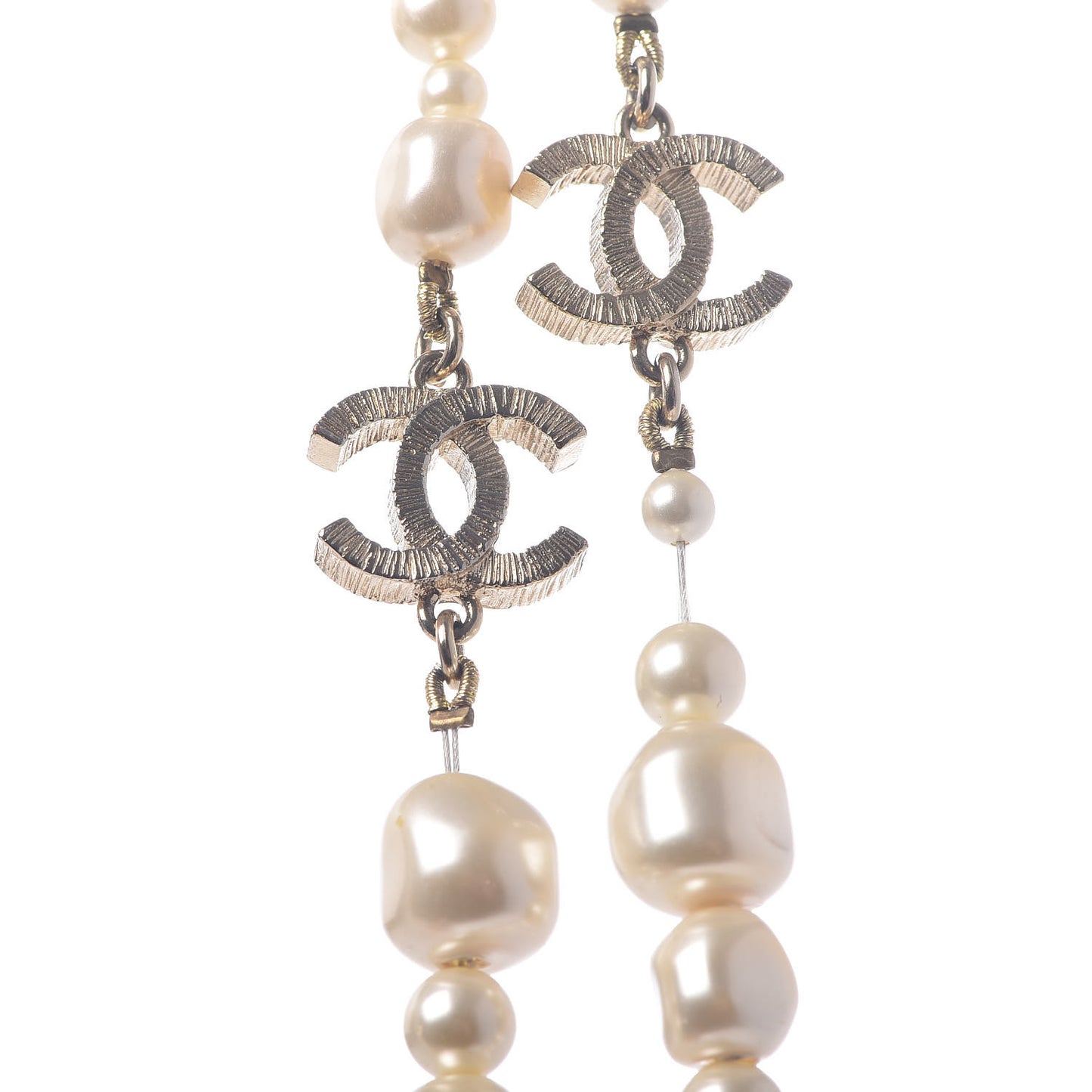 Graduated Pearl CC Long Necklace Light Gold