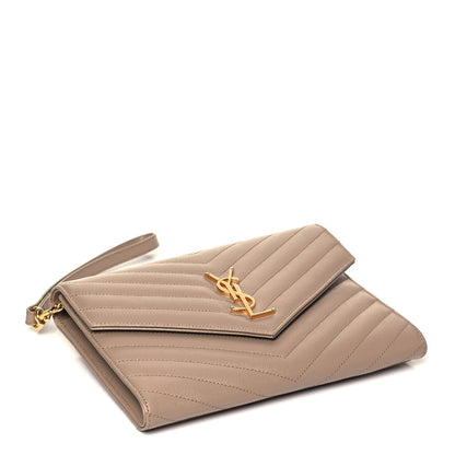 Saint Laurent Grain De Poudre Matelasse Chevron Monogram Envelope Clutch Dark Beige 4 of 8