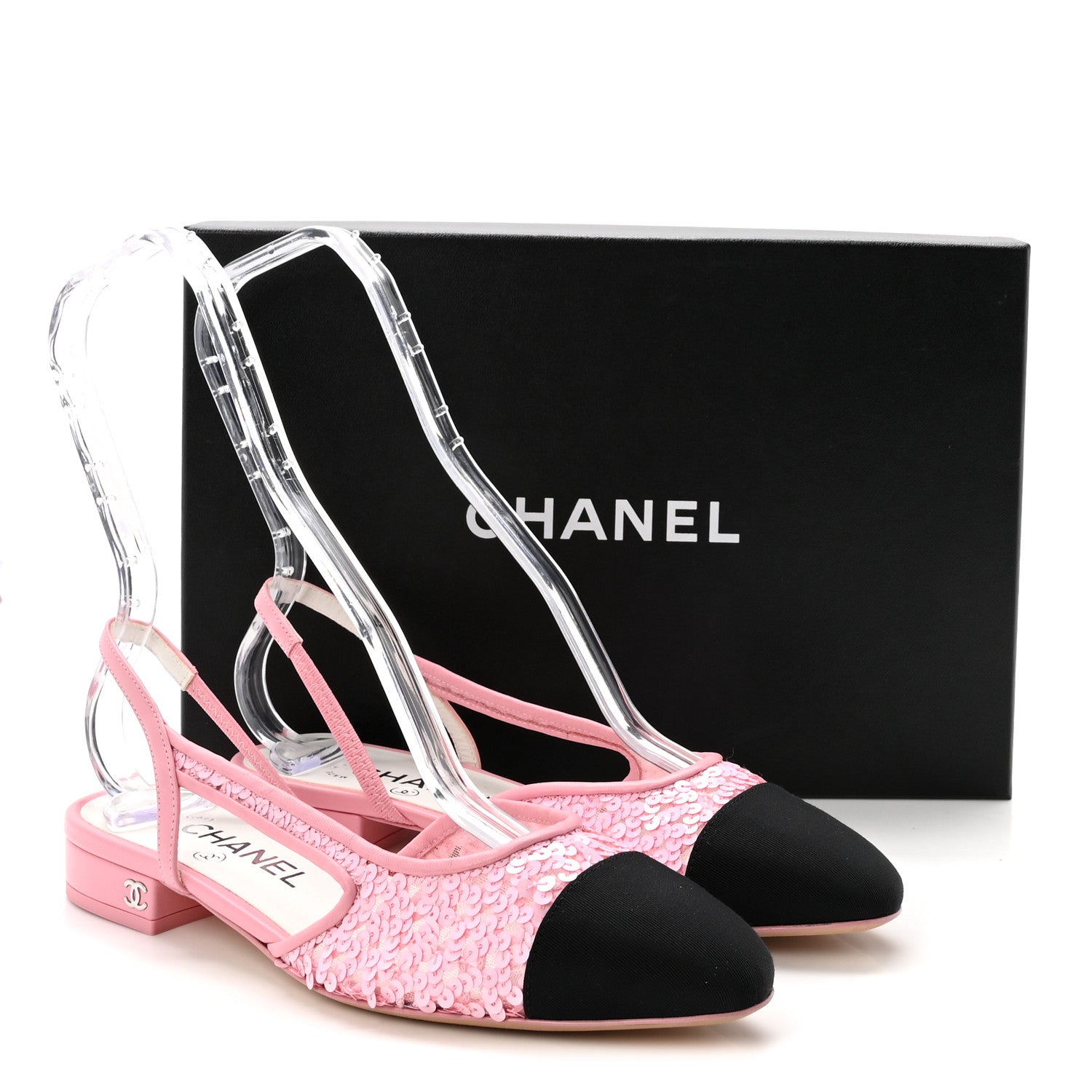 Chanel Sequins Satin Cap Toe CC Slingback Flat 36 Pink Black 9 of 9