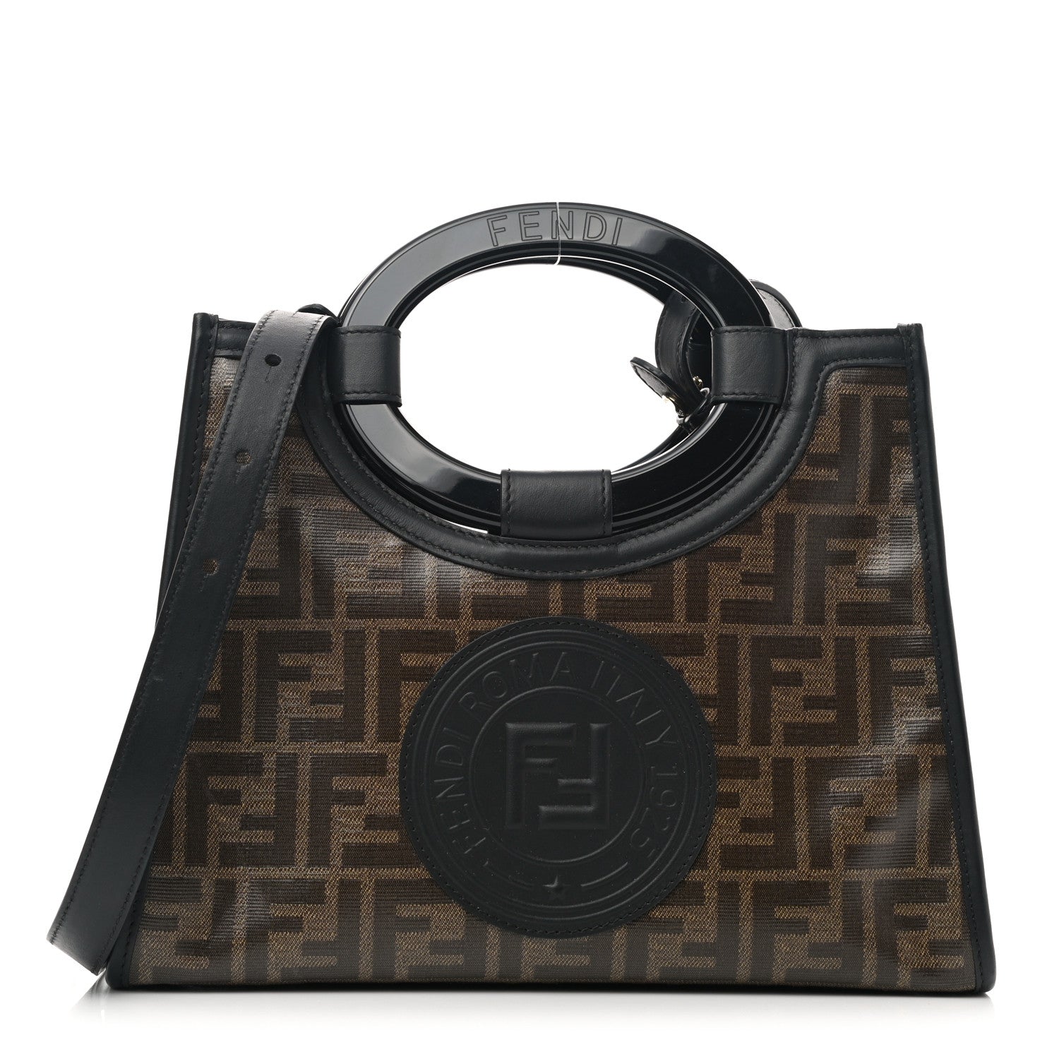 Fendi Glazed Fabric Vitello Century Plexiglass FF 1974 Stamp Patch Small Runaway Shopper Tote Mogano Panna Black 1 of 10