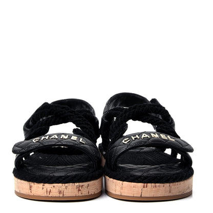 Chanel Cord Lambskin Quilted Logo Sandals 37 Black 2 of 10