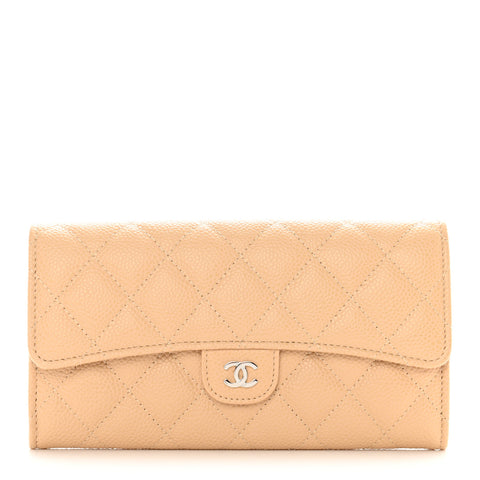 Caviar Quilted Large Gusset Flap Wallet Beige