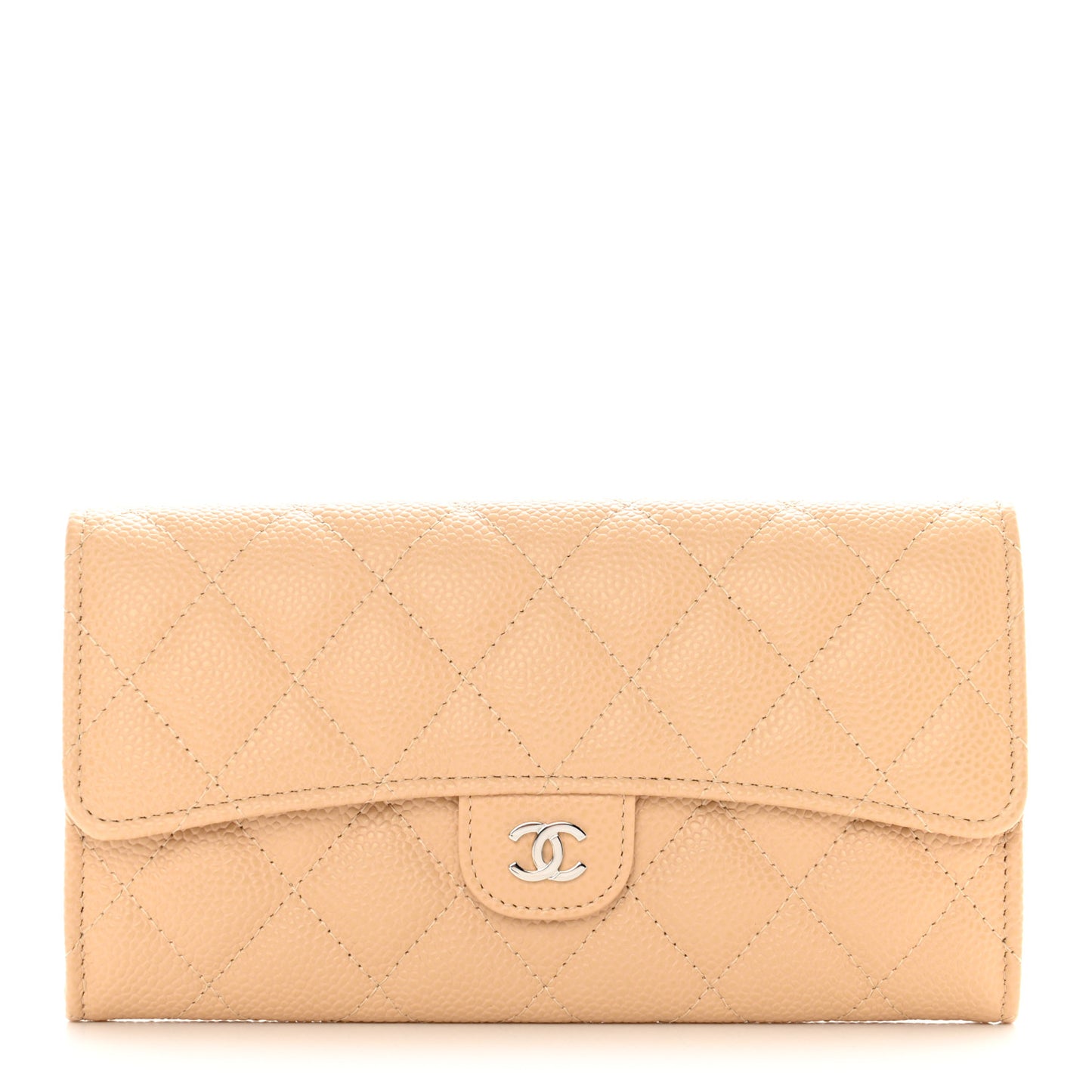 Caviar Quilted Large Gusset Flap Wallet Beige