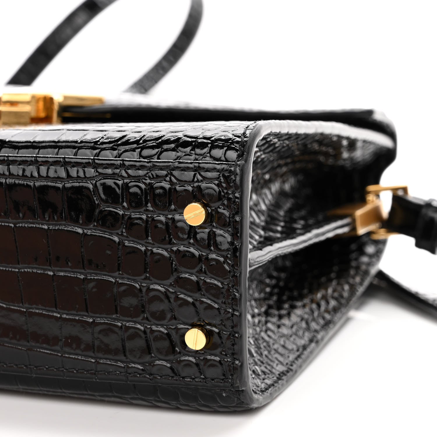 Saint Laurent Calfskin Crocodile Embossed Mini Classic Monogram Cassandra Top Handle Black 10 of 12