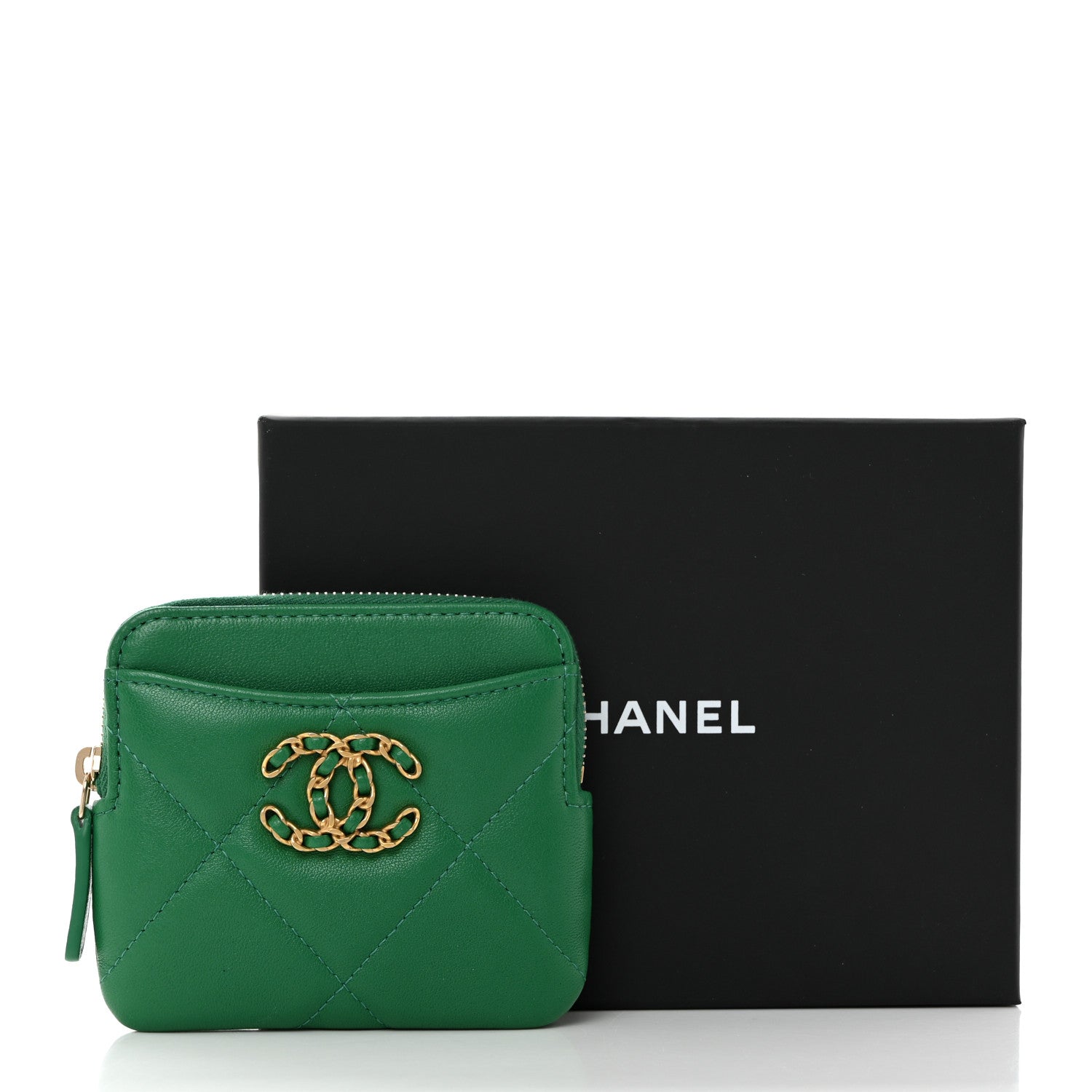 Chanel Lambskin Quilted Chanel 19 Zip Card Holder Wallet Green 8 of 8