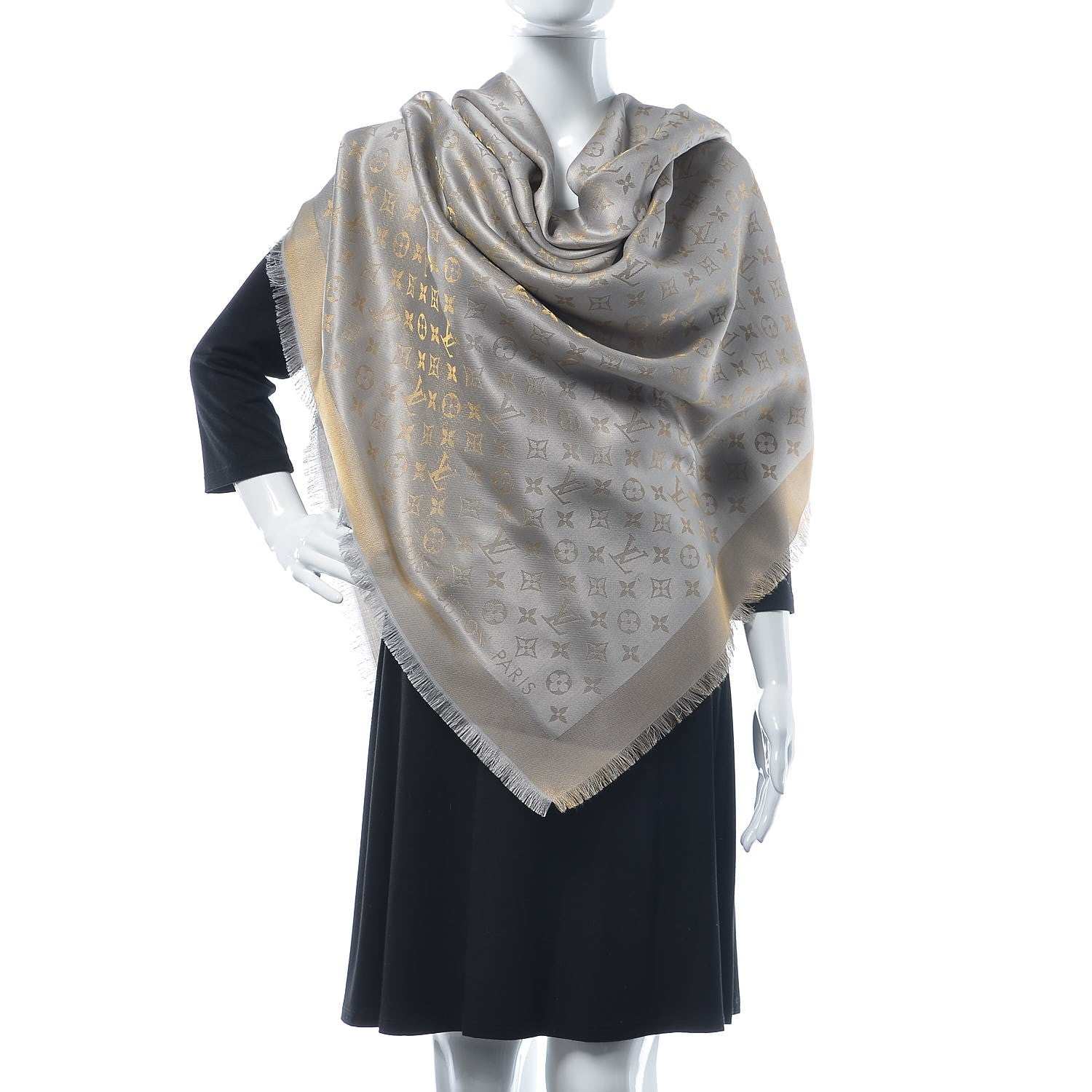 Louis Vuitton Silk Lurex Wool Monogram Shine Shawl Charcoal Greige 2 of 4