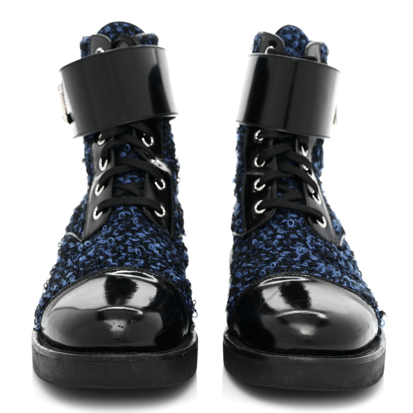 Tweed Calfskin Wonderland Ranger Boots 37.5 Blue Black