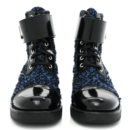 Louis Vuitton Tweed Calfskin Wonderland Ranger Boots 37.5 Blue Black 2 of 15