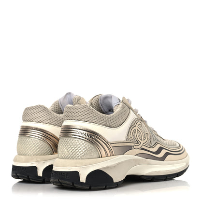 Chanel Fabric Laminated Calfskin Stretch CC Womens Sneakers 37 Ivory White Silver 5 of 9