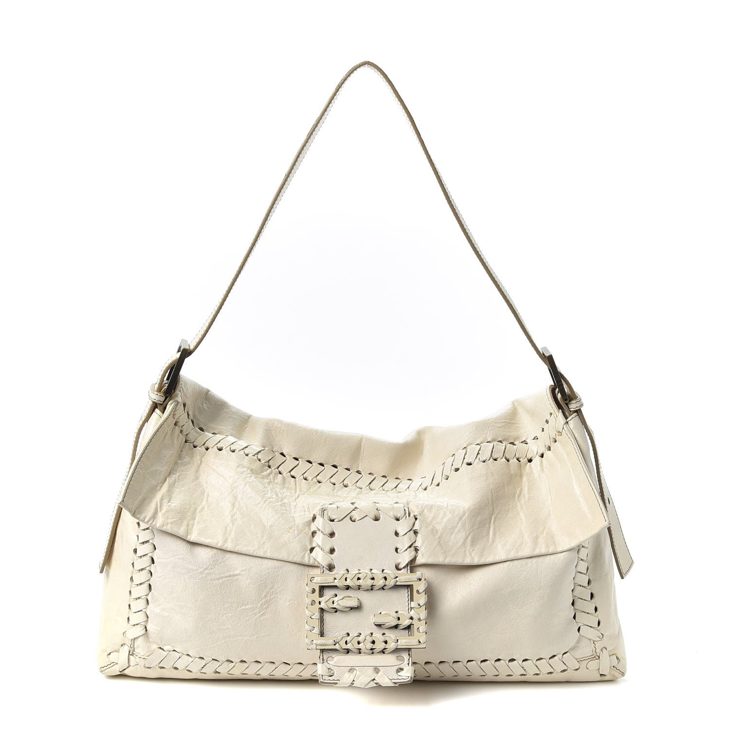 Fendi Goatskin Whipstitch Large Convertible Baguette White 1 of 8