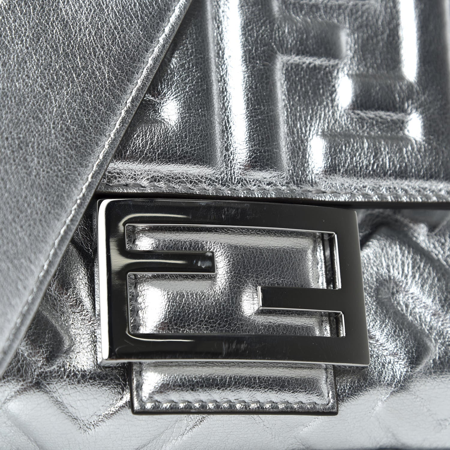 Fendi Vitello Catalan Mirror FF 1974 Embossed Baguette Argento 7 of 10