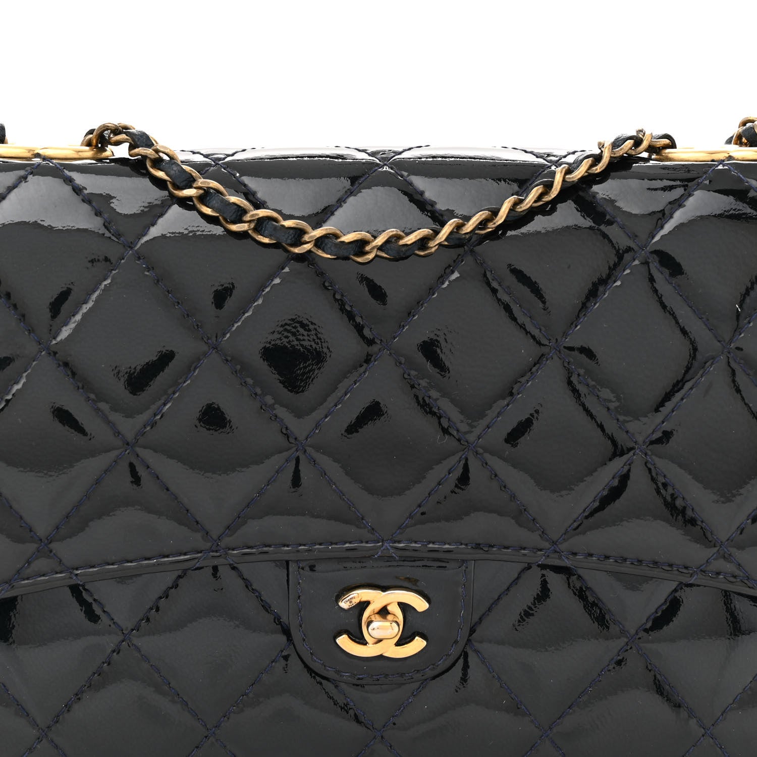 Chanel Patent Goatskin Quilted CC Eyelet Wallet On Chain WOC Blue 8 of 11