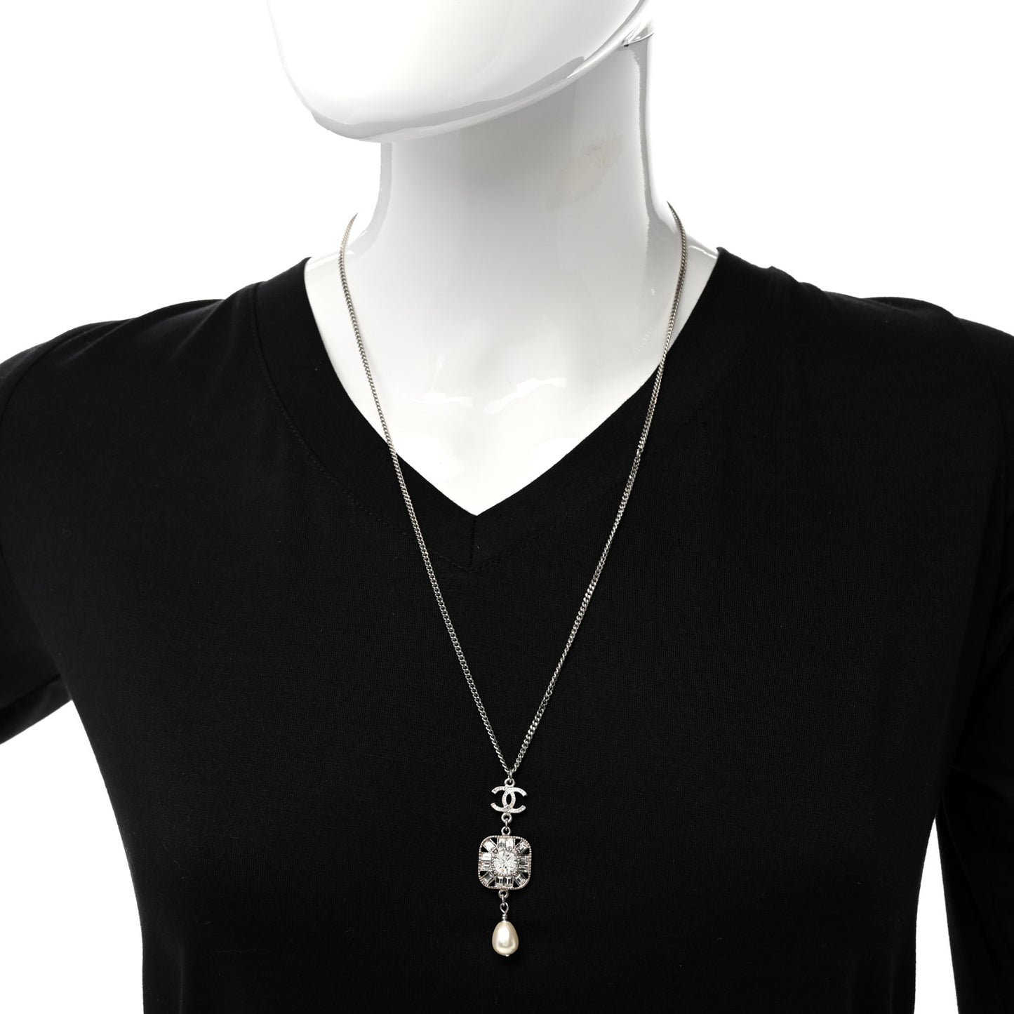 Baguette Crystal Pearl CC Pendant Necklace Silver