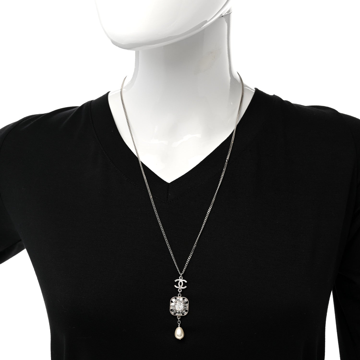 Chanel Baguette Crystal Pearl CC Pendant Necklace Silver 2 of 8