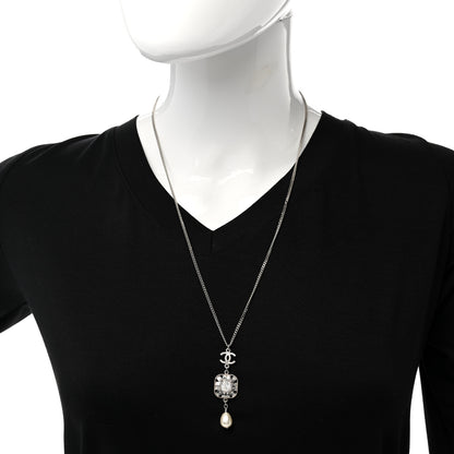 Chanel Baguette Crystal Pearl CC Pendant Necklace Silver 2 of 8