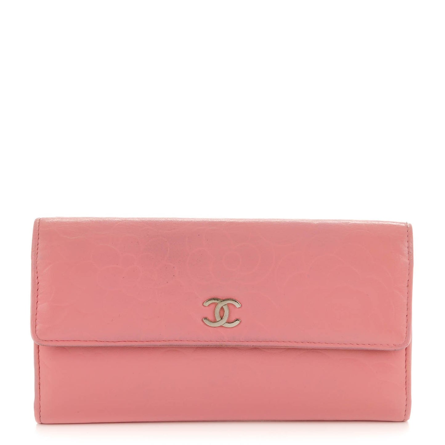 Lambskin Embossed Camellia Large Gusset Flap Wallet Pink