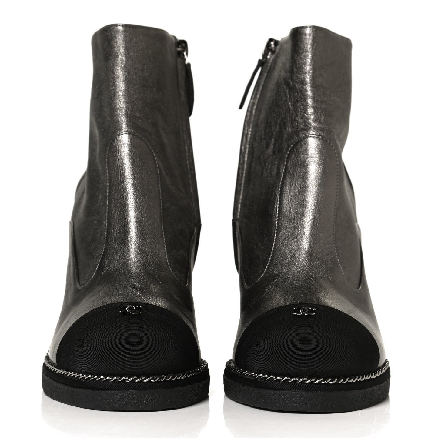 Metallic Lambskin Grosgrain Cap Toe Wedge Boots 37 Silver Black