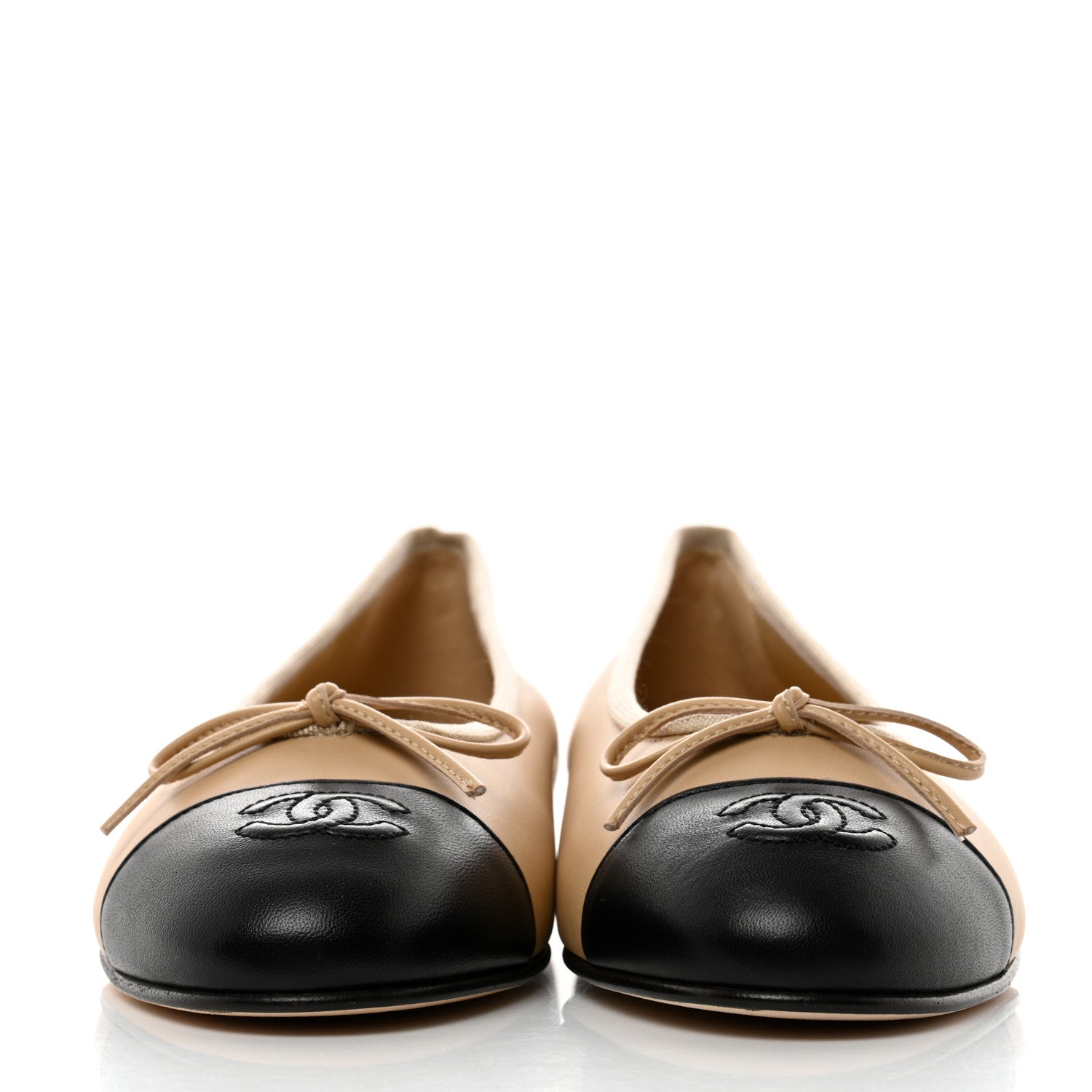 Chanel Lambskin Cap Toe CC Ballerina Flats 37.5 Beige Black 2 of 9