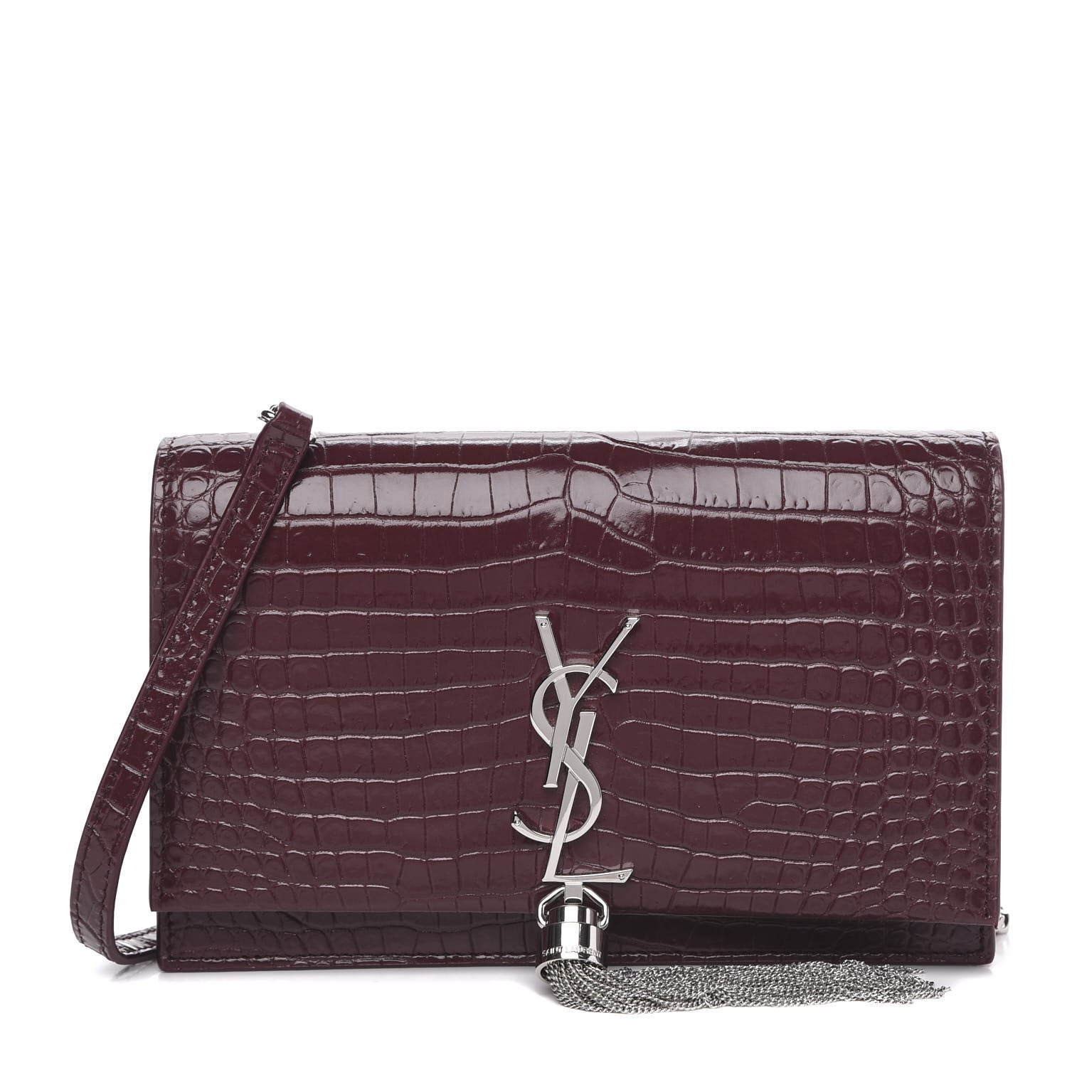 Saint Laurent Calfskin Crocodile Embossed Kate Monogram Tassel Chain Wallet Rouge Legion 1 of 8