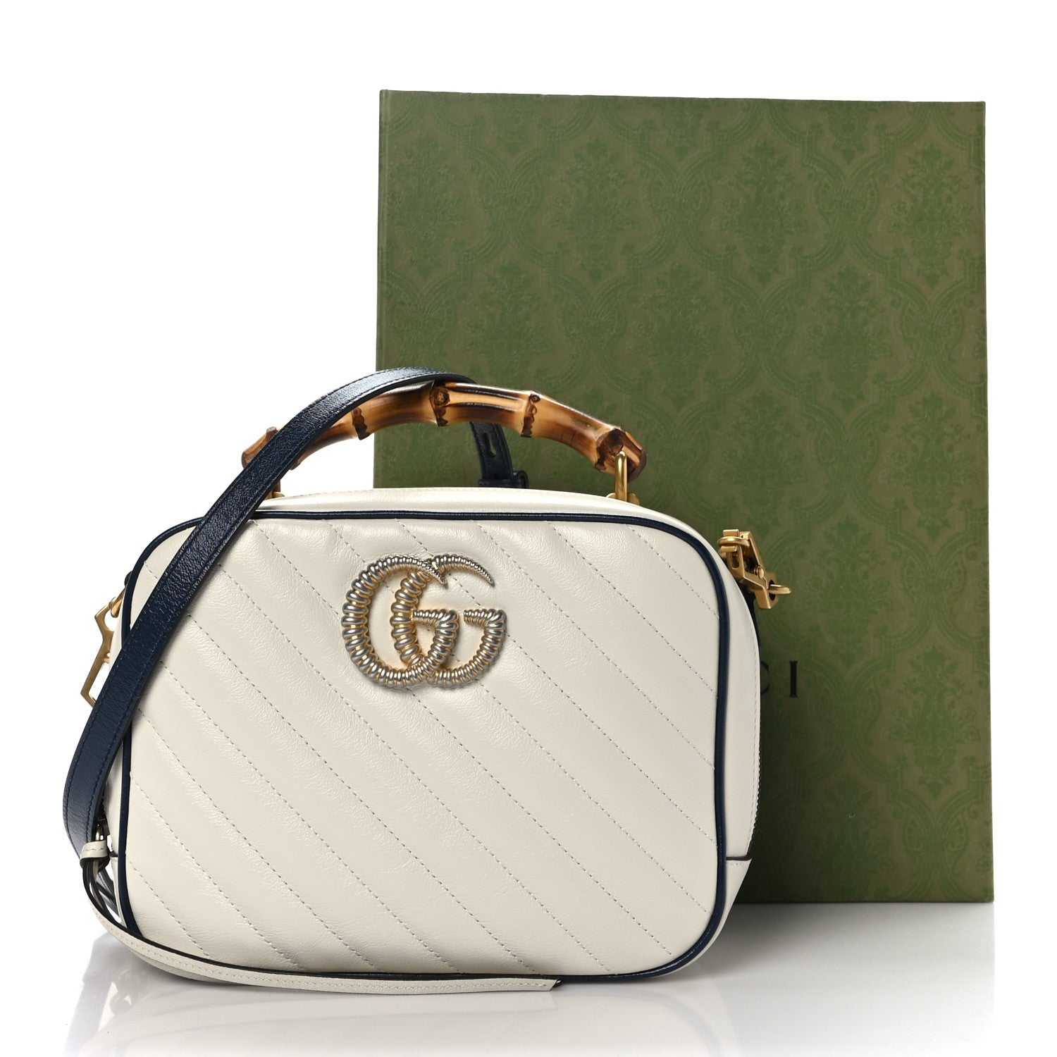 Gucci Vintage Effect Calfskin Matelasse Diagonal Small Torchon GG Marmont Bamboo Top Handle Shoulder Bag Mystic White Blue Agata 10 of 10