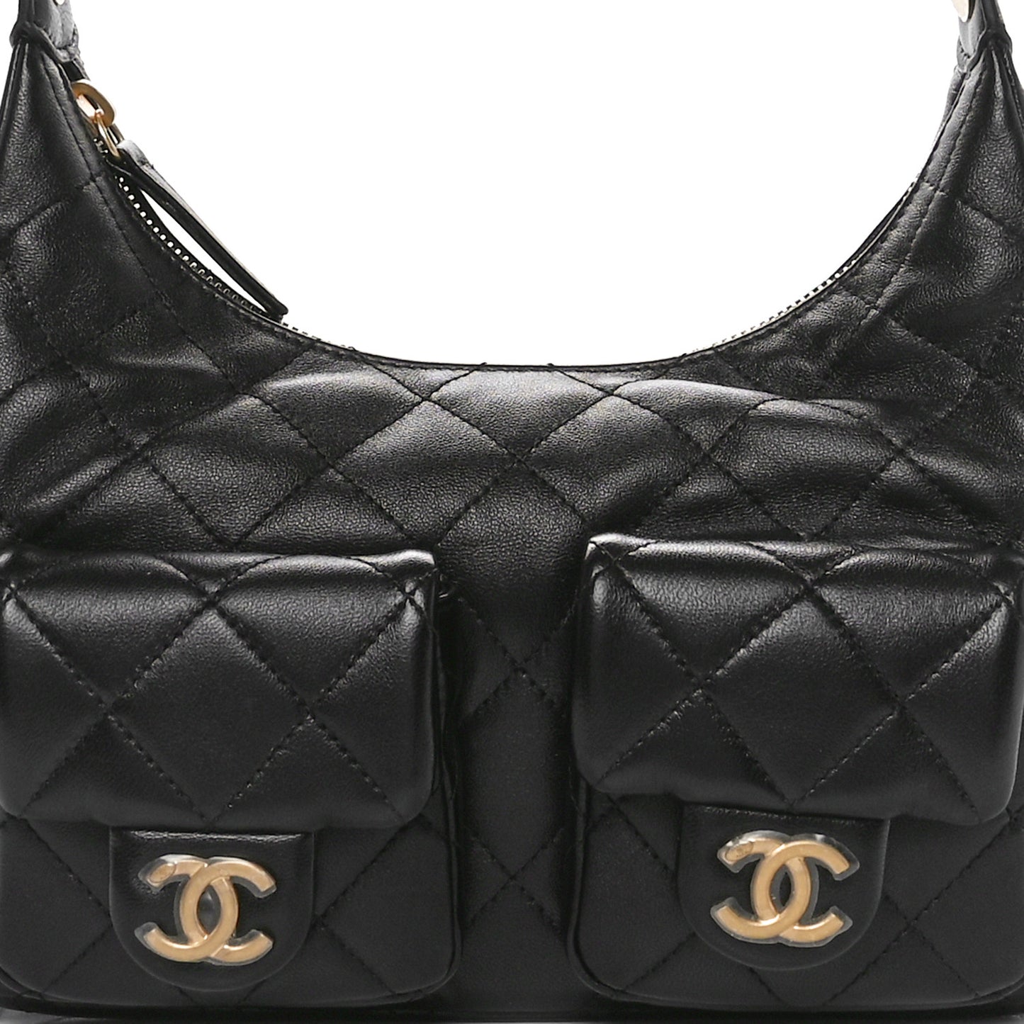 Shiny Lambskin Quilted Trendy Pockets Hobo Black