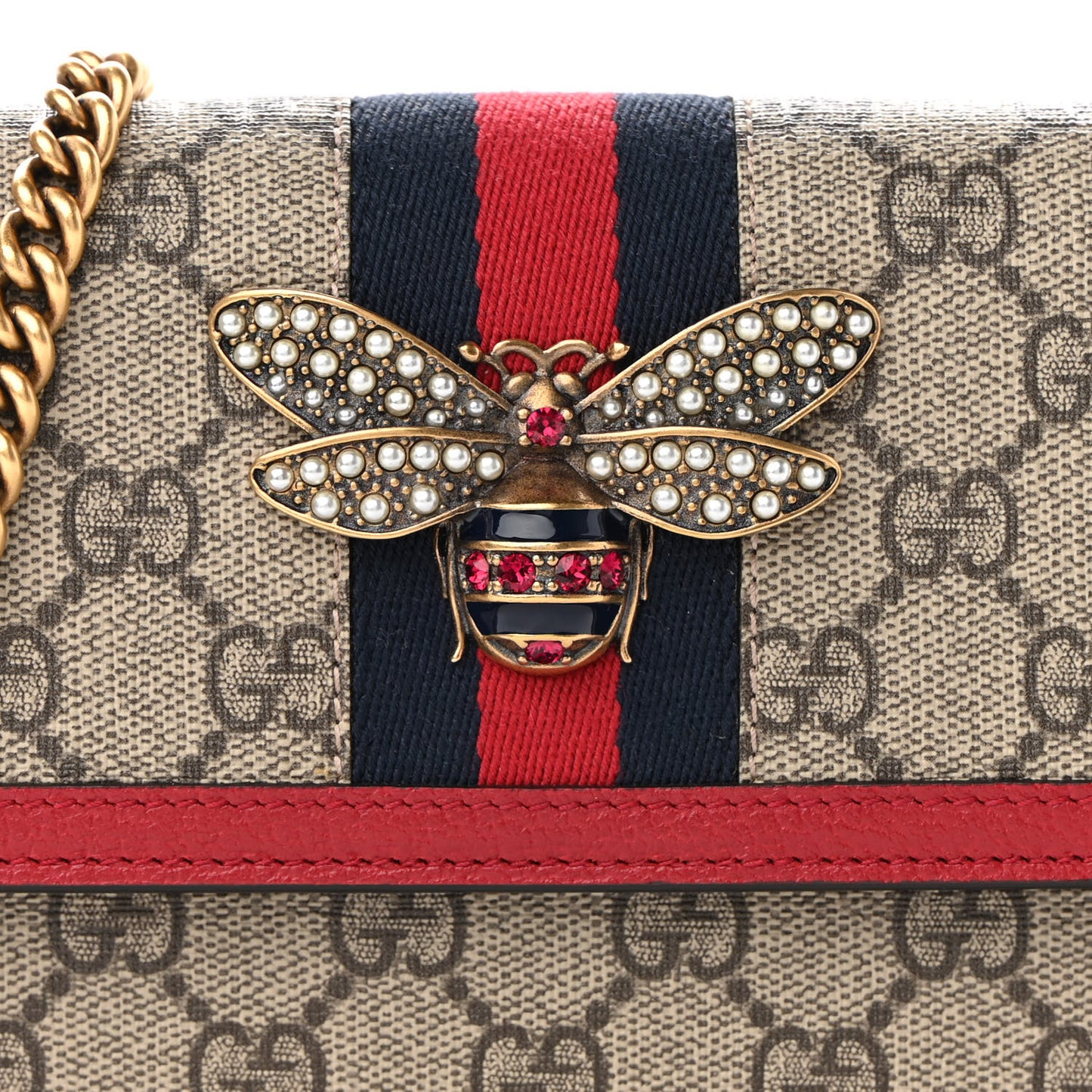 GG Supreme Monogram Web Queen Margaret Chain Wallet Red