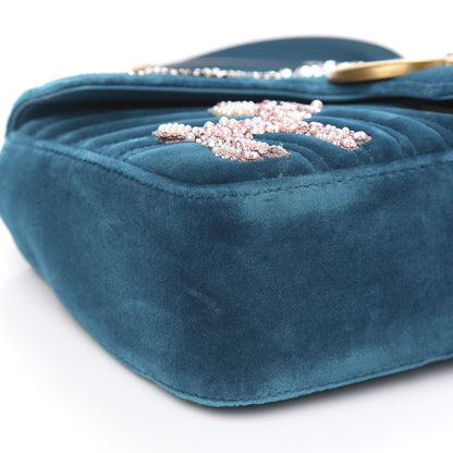 Gucci Velvet Matelasse Embroidered Small GG Marmont Shoulder Bag Pavone Cyan 8 of 12
