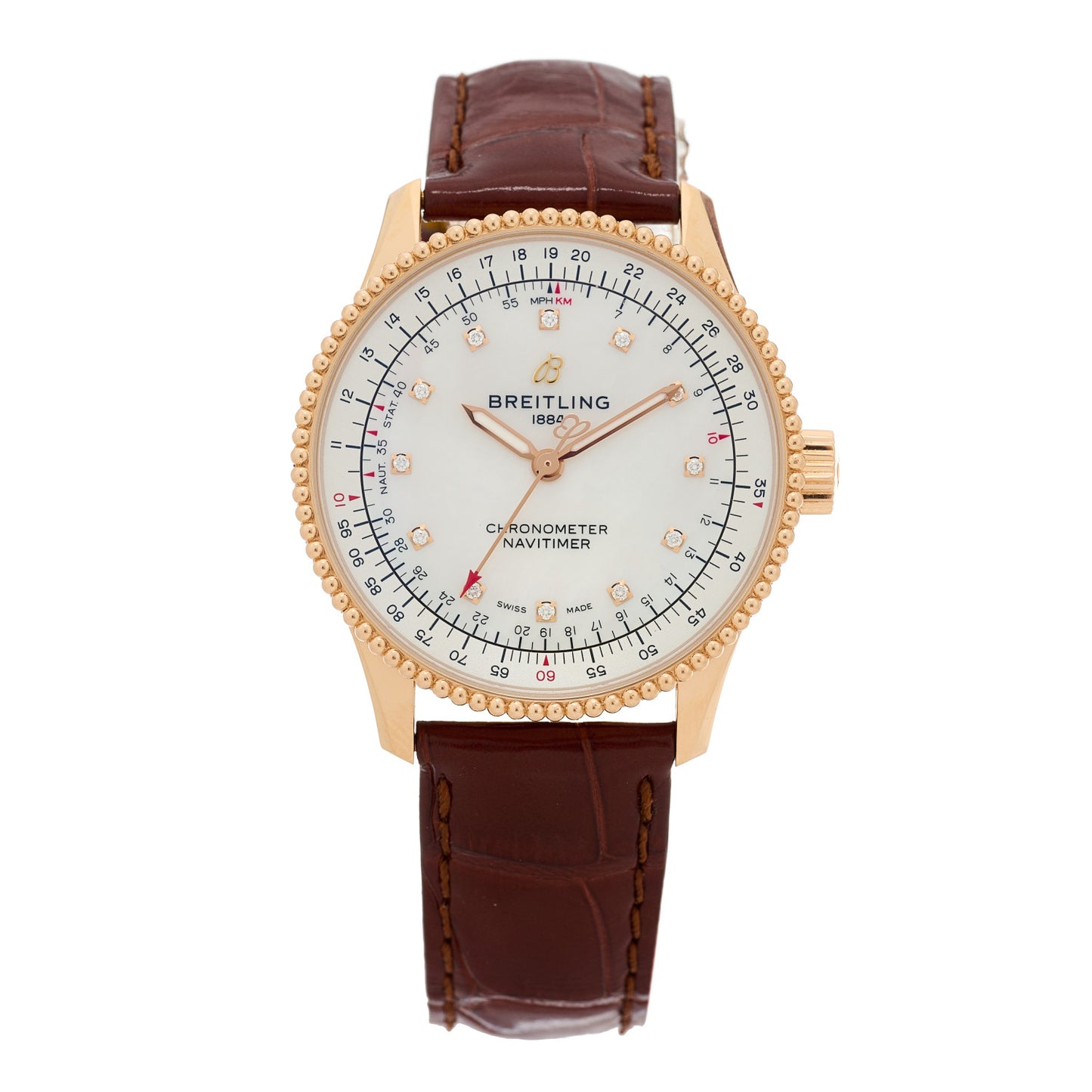 18K Rose Gold Alligator Diamond 35mm Navitimer Chronograph Automatic Watch White R17395