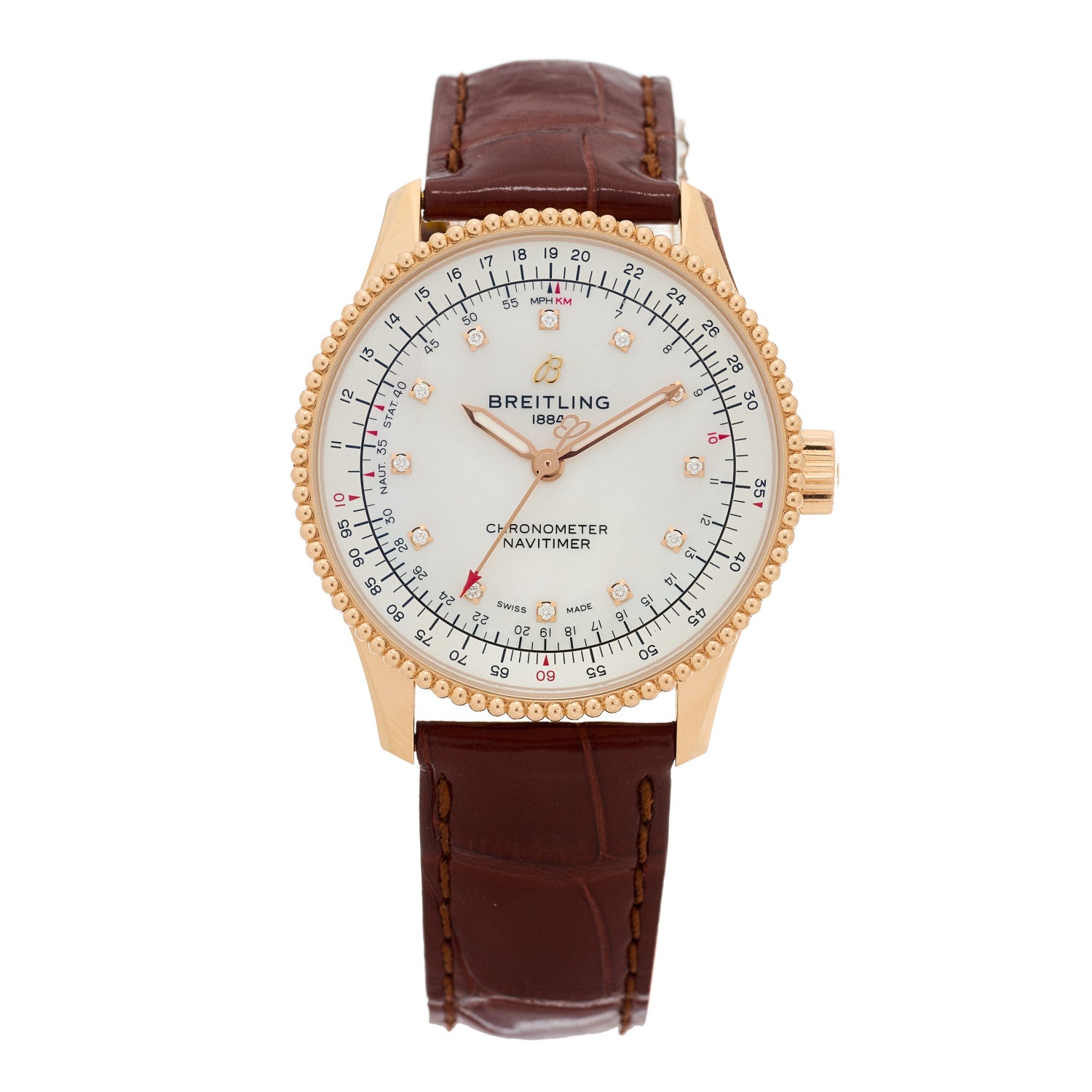 Breitling 18K Rose Gold Alligator Diamond 35mm Navitimer Chronograph Automatic Watch White R17395 1 of 5