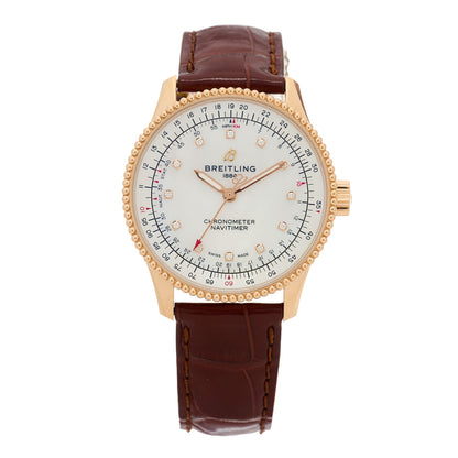 Breitling 18K Rose Gold Alligator Diamond 35mm Navitimer Chronograph Automatic Watch White R17395 1 of 5