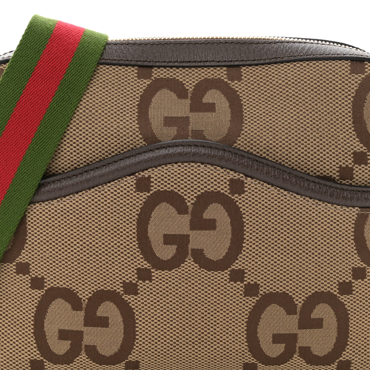 Gucci Monogram Jumbo GG Textured Dollar Calfskin Web Messenger Shoulder Bag Camel Ebony New Acero 8 of 11